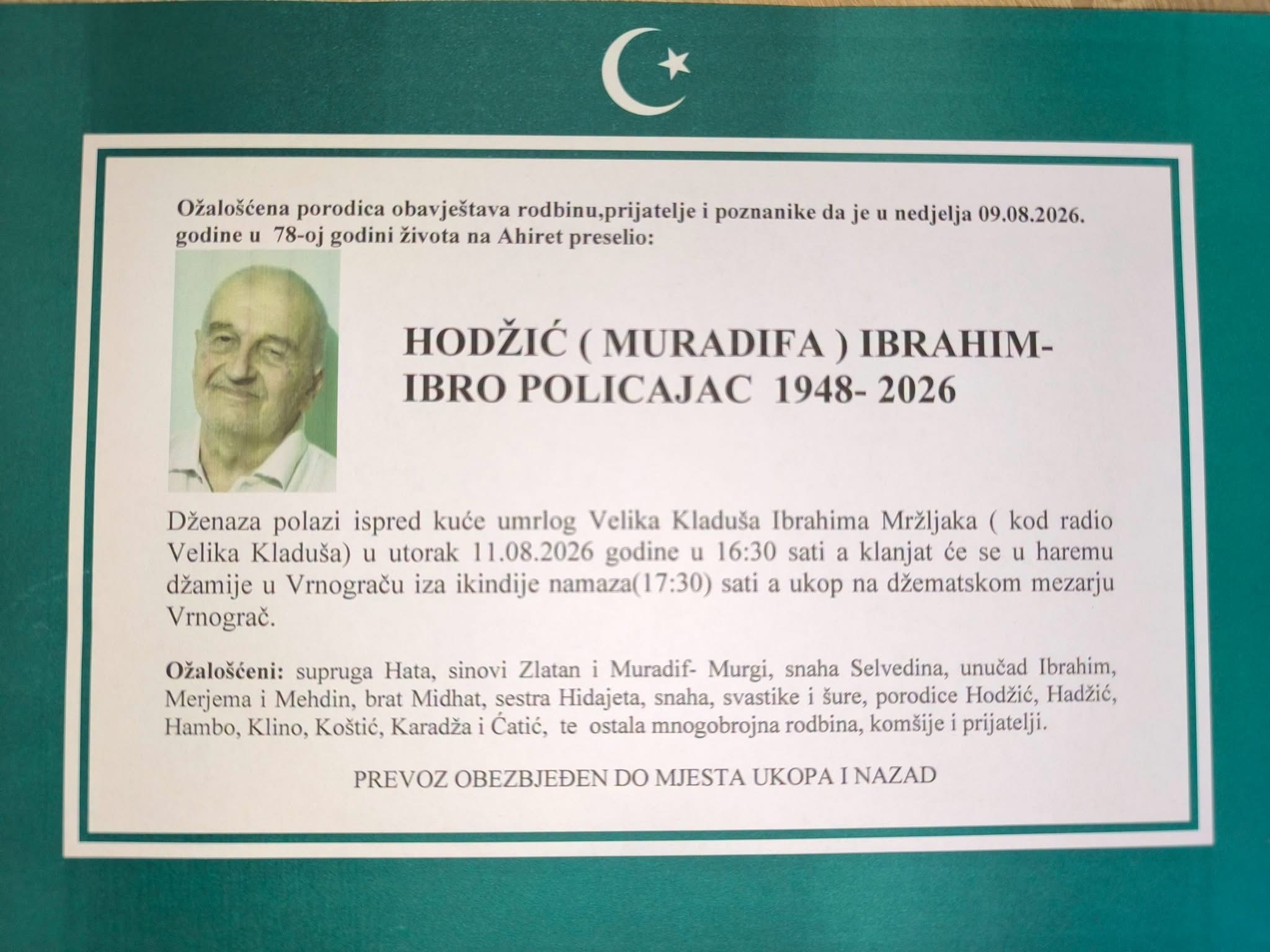Na Ahiret preselio Hodžić Ibrahim – Ibro Policajac