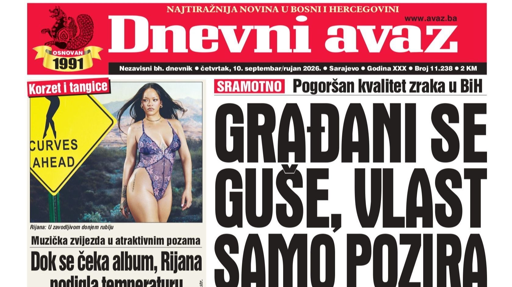 U današnjem "Dnevnom avazu" čitajte: Građani se guše, vlast samo pozira