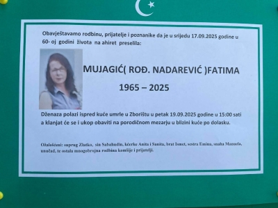 Na Ahiret preselila Mujagić (rođ. Nadarević) Fatima