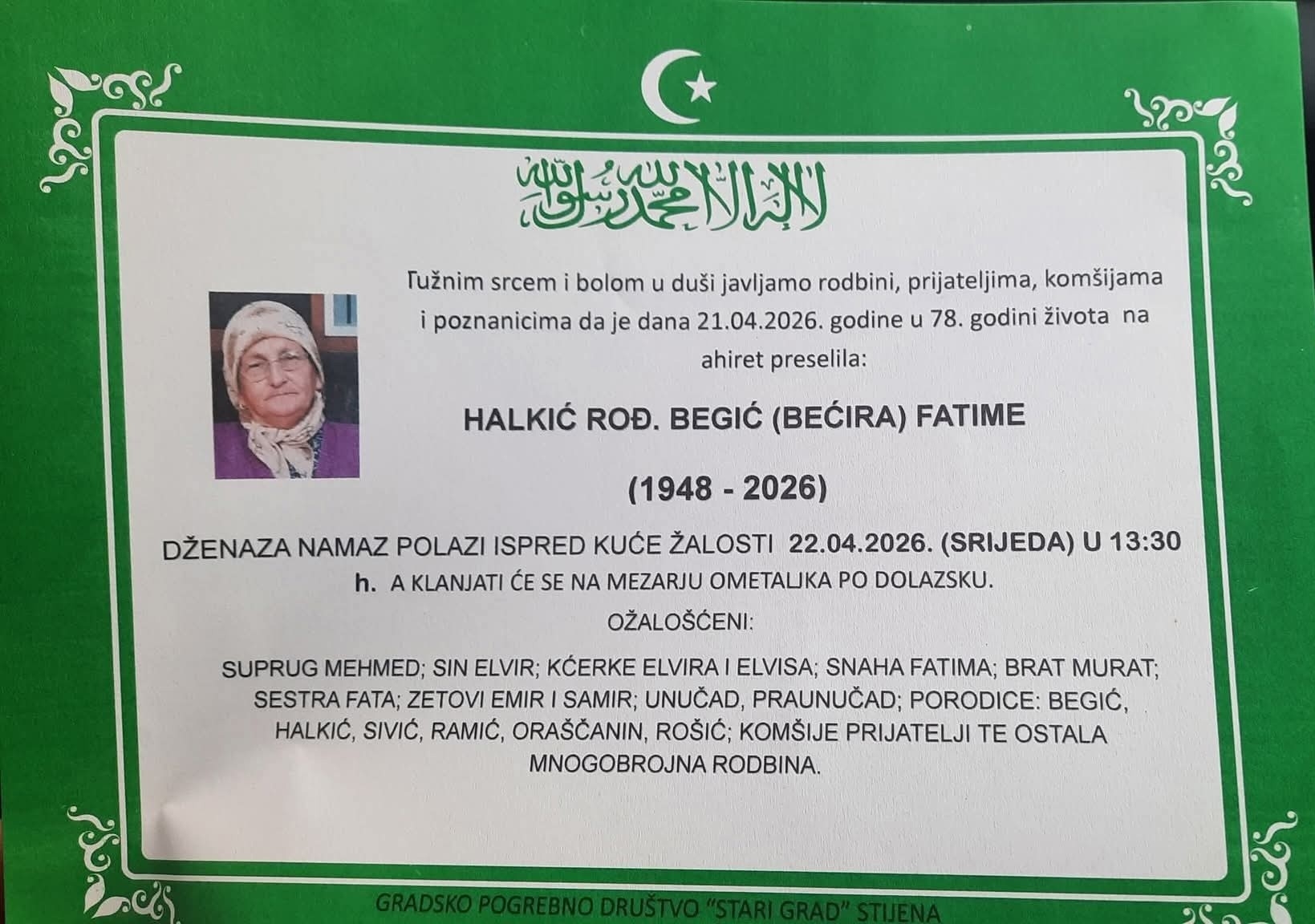 Na Ahiret preselila HALKIĆ ROĐ. BEGIĆ (BEĆIRA) FATIME