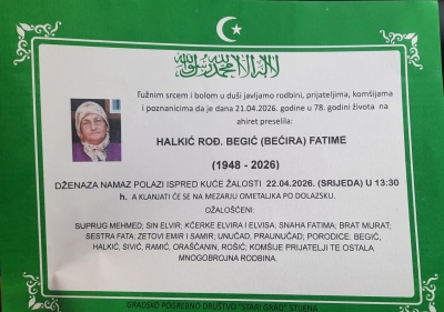 Na Ahiret preselila HALKIĆ ROĐ. BEGIĆ (BEĆIRA) FATIME