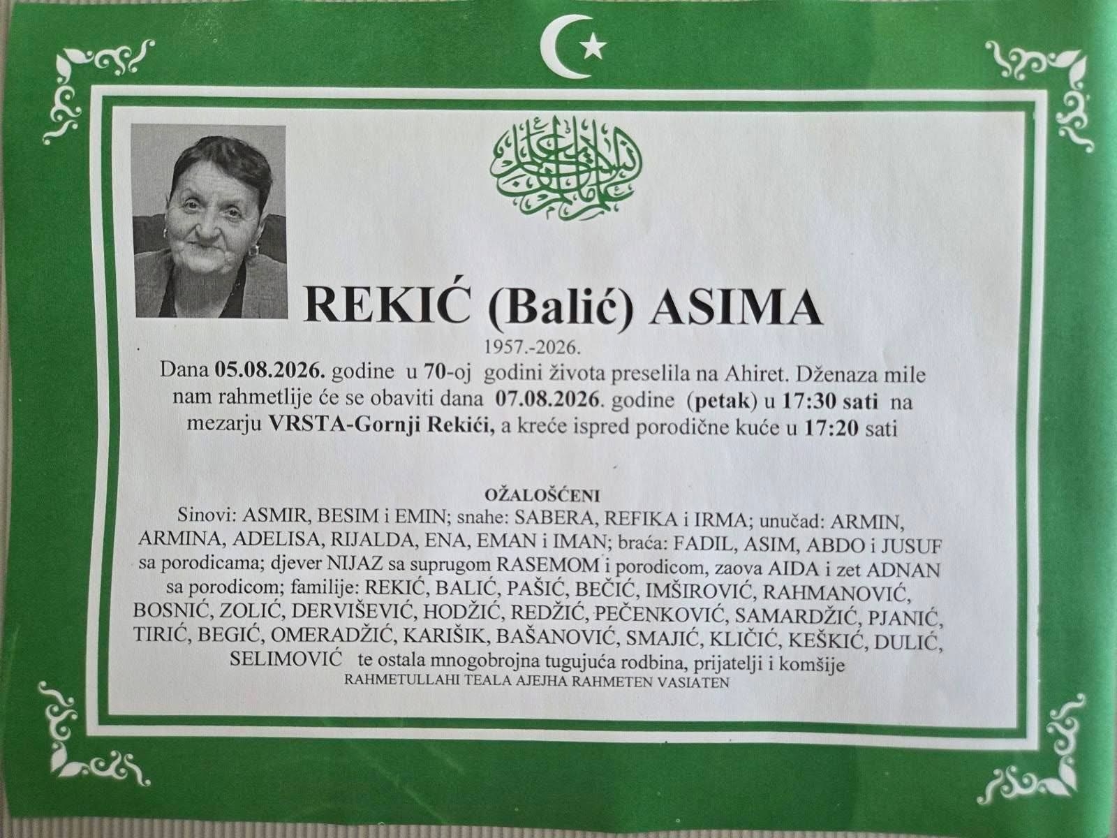 Na Ahiret preselila Rekić (Balić) Asima