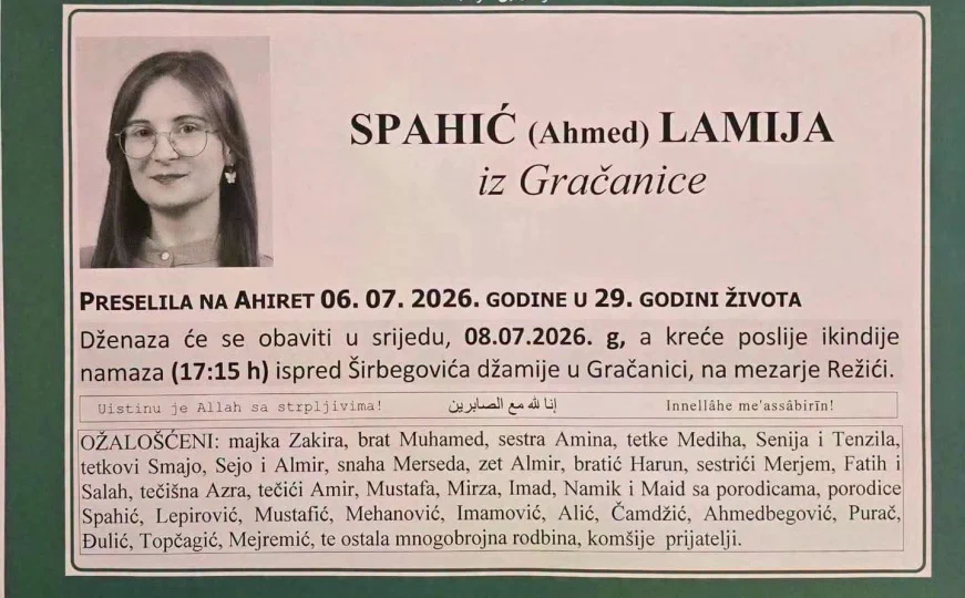 BiH se oprašta od doktorice Lamije Spahić: Poznat termin dženaze