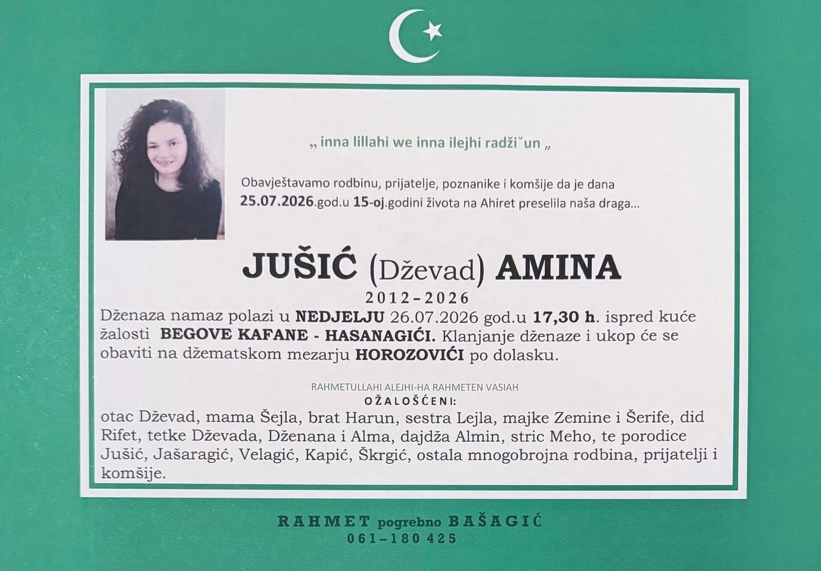 Velika tuga: U 15. godini života na Ahiret preselila Amina Jušić
