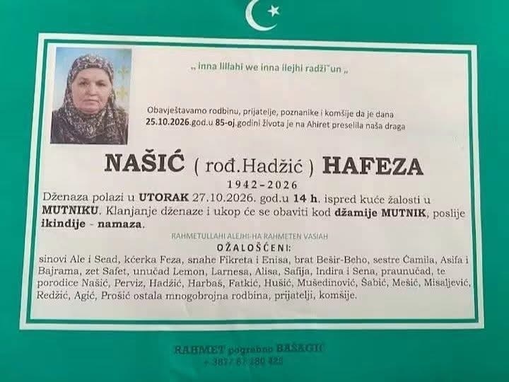 Na Ahiret preselila Našić (rođ. Hadžić) Hafeza