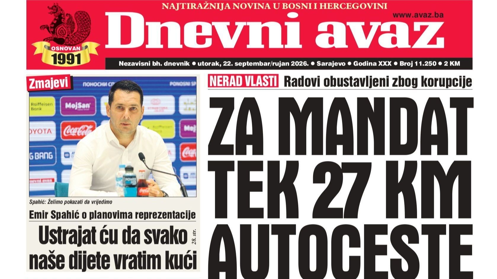 U današnjem "Dnevnom avazu" čitajte: Za mandat tek 27 km autoceste