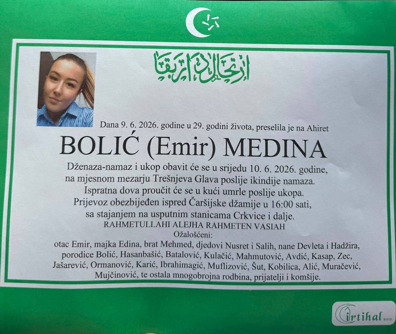Tuga u BiH: U 29. godini na Ahiret preselila BOLIĆ (Emir) MEDINA
