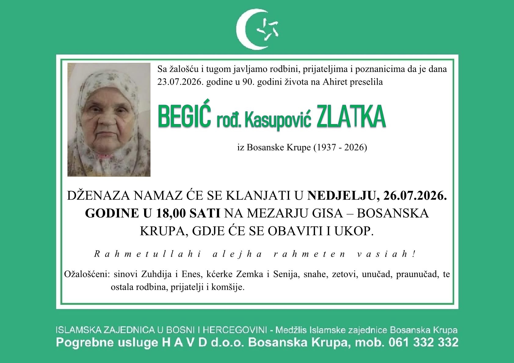 Na Ahiret preselila Begić rođ. Kasupović Zlatka