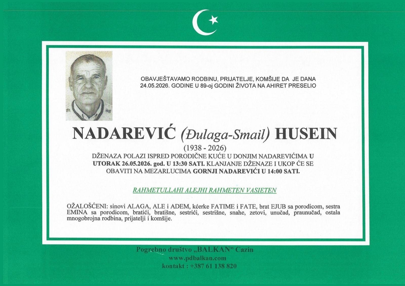 Na Ahiret preselio NADAREVIĆ (Đulaga-Smail) HUSEIN