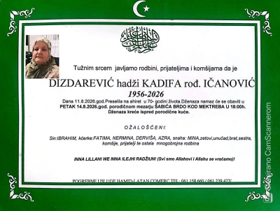 Na Ahiret preselila Dizdarević hadži Kadifa, rođ. Ičanović