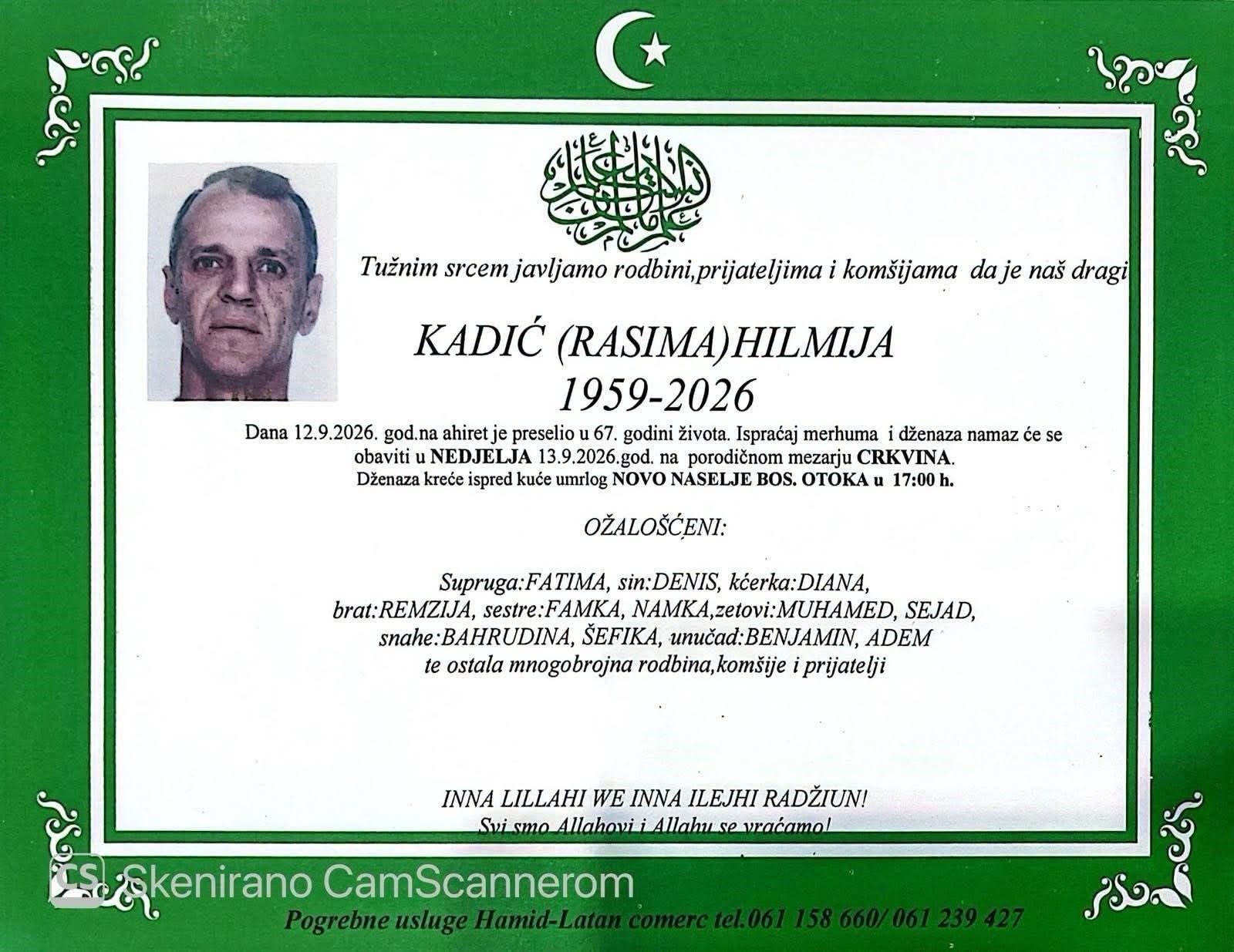 Na Ahiret preselio KADIĆ (RASIMA) HILMIJA