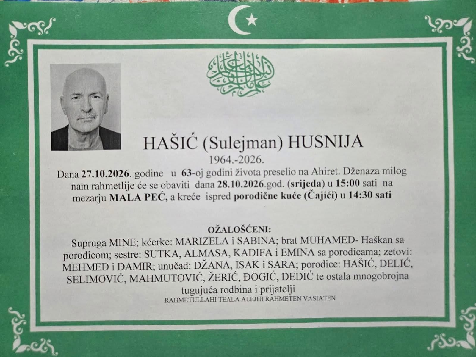 Na Ahiret preselio HAŠIĆ (Sulejman) HUSNIJA