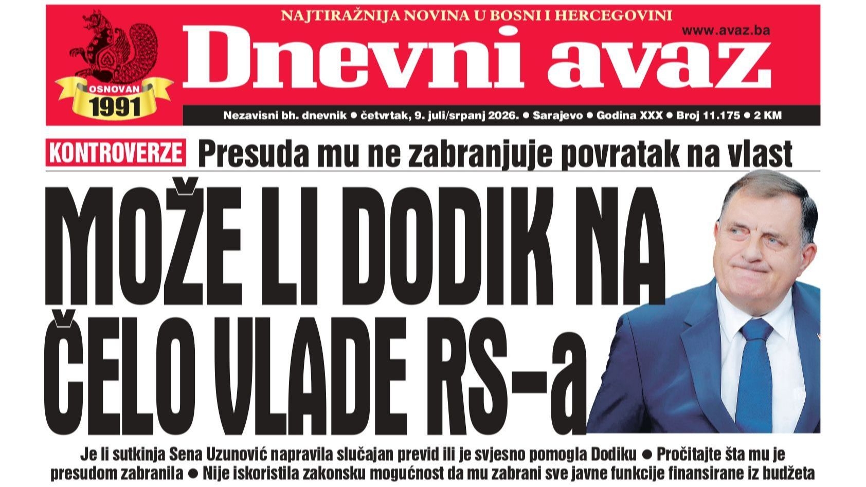 U današnjem "Dnevnom avazu" čitajte: Može li Dodik na čelo Vlade RS-a