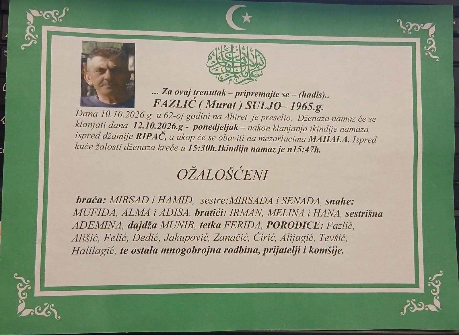 Na Ahiret preselio FAZLIĆ (Murat) SULJO