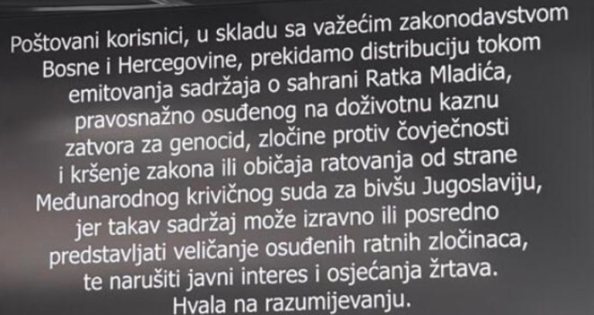 BH Telecom ukinuo signal RTRS-a zbog programa posvećenog sahrani ratnog zločinca Mladića