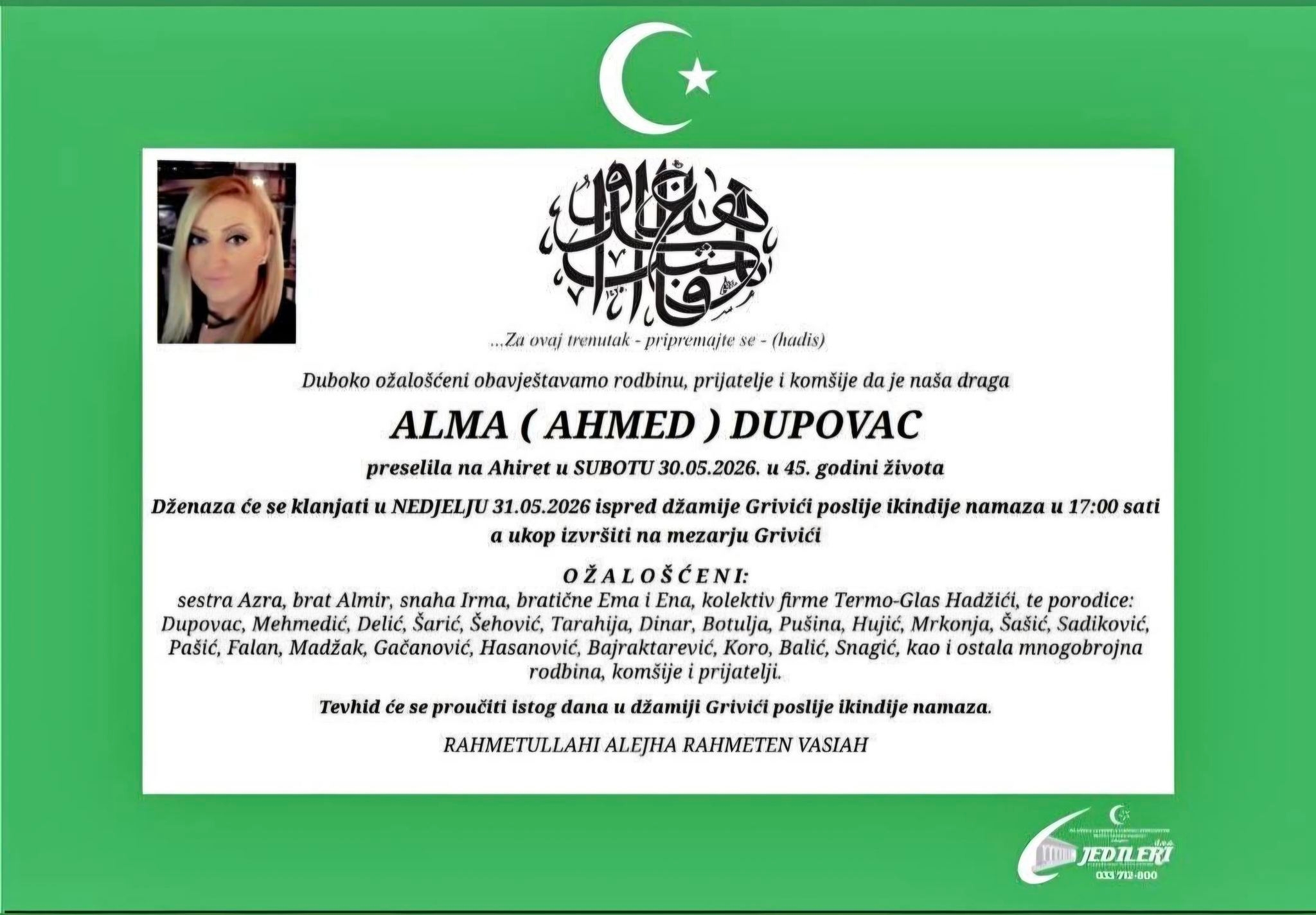 Tužna vijest rastužila porodicu i prijatelje: Prerano nas je napustila Alma Dupovac