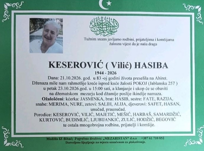 Na Ahiret preselila KESEROVIĆ (Vilić) HASIBA