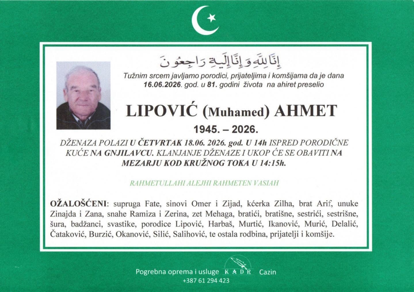 Na Ahiret preselio LIPOVIĆ (Muhamed) AHMET