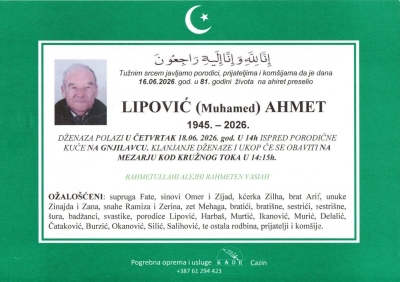 Na Ahiret preselio LIPOVIĆ (Muhamed) AHMET