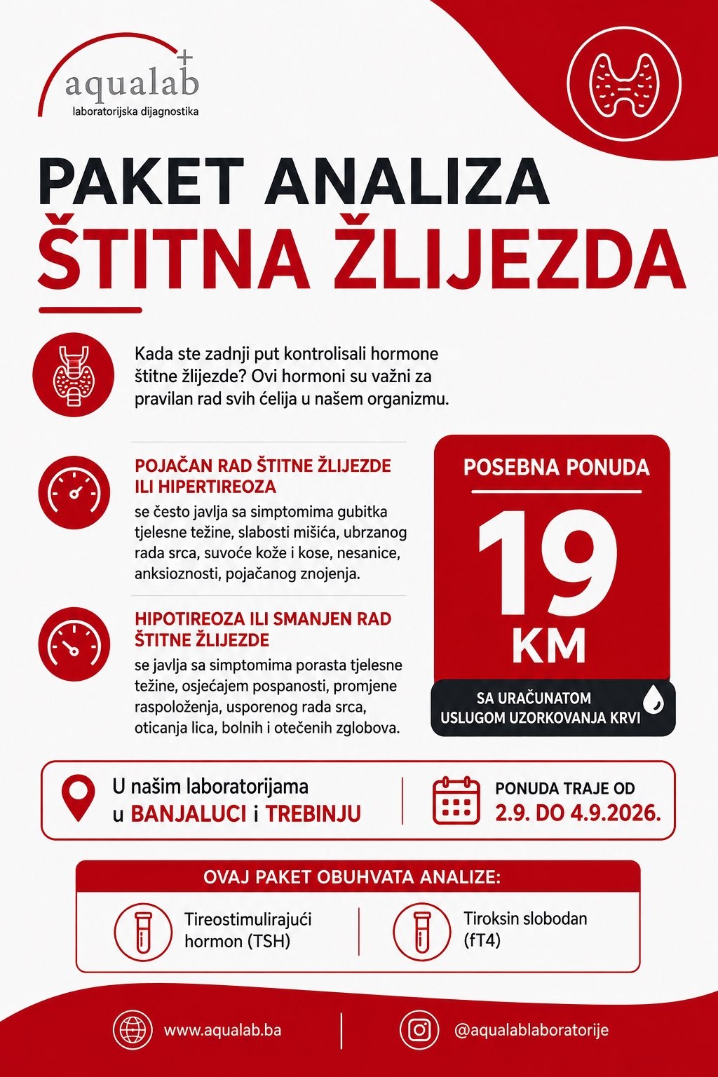 Aqualab Trebinje: Paket analiza štitne žlijezde za samo 19 KM