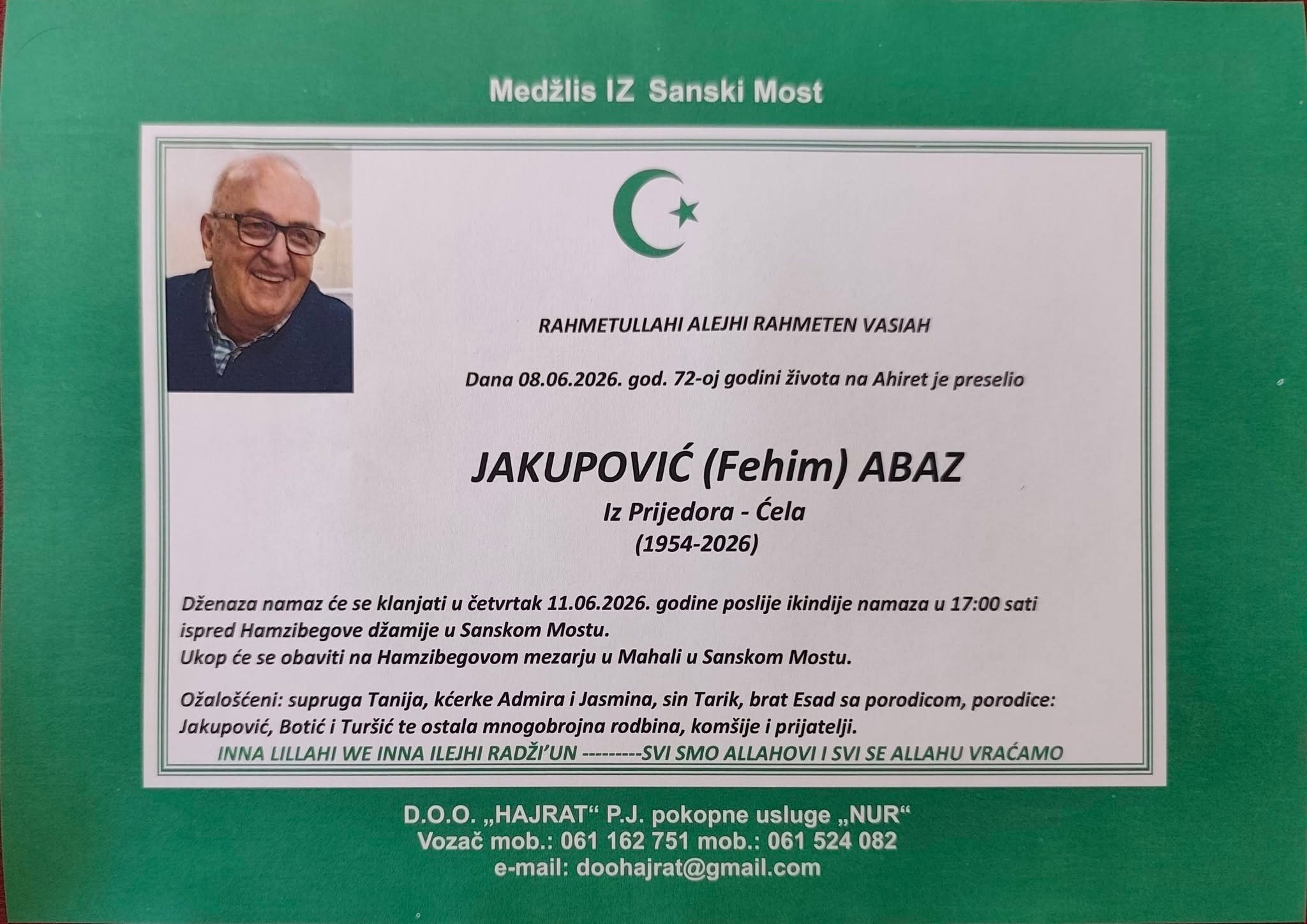 Na Ahiret preselio Jakupović (Fehim) Abaz