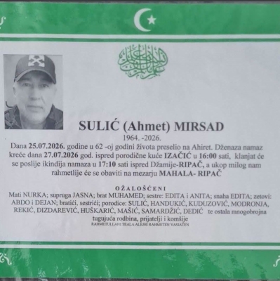 Na Ahiret preselio SULIĆ (Ahmet) MIRSAD