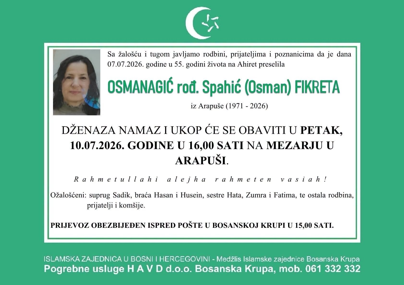 Na Ahiret preselila OSMANAGIĆ rođ. Spahić (Osman) FIKRETA