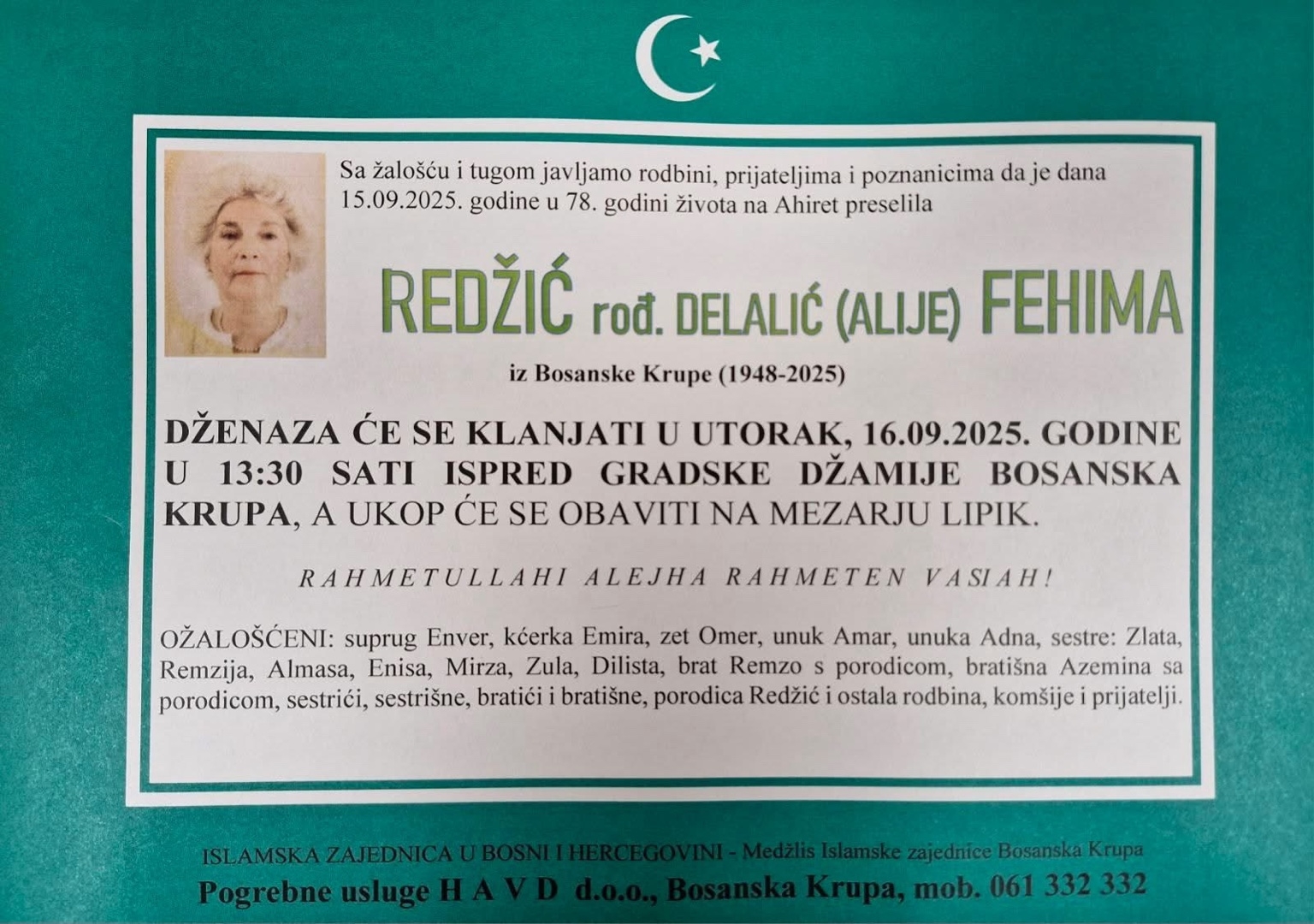 Na Ahiret preselila Redžić rođ. Delalić (Alije) Fehima