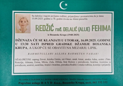 Na Ahiret preselila Redžić rođ. Delalić (Alije) Fehima