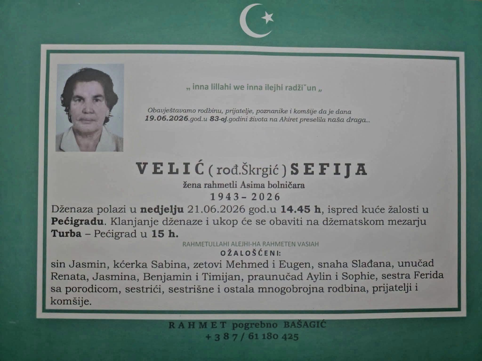 Na Ahiret preselila VELIĆ (rođ. Škrgić) SEFIJA