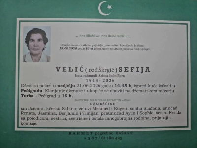 Na Ahiret preselila VELIĆ (rođ. Škrgić) SEFIJA