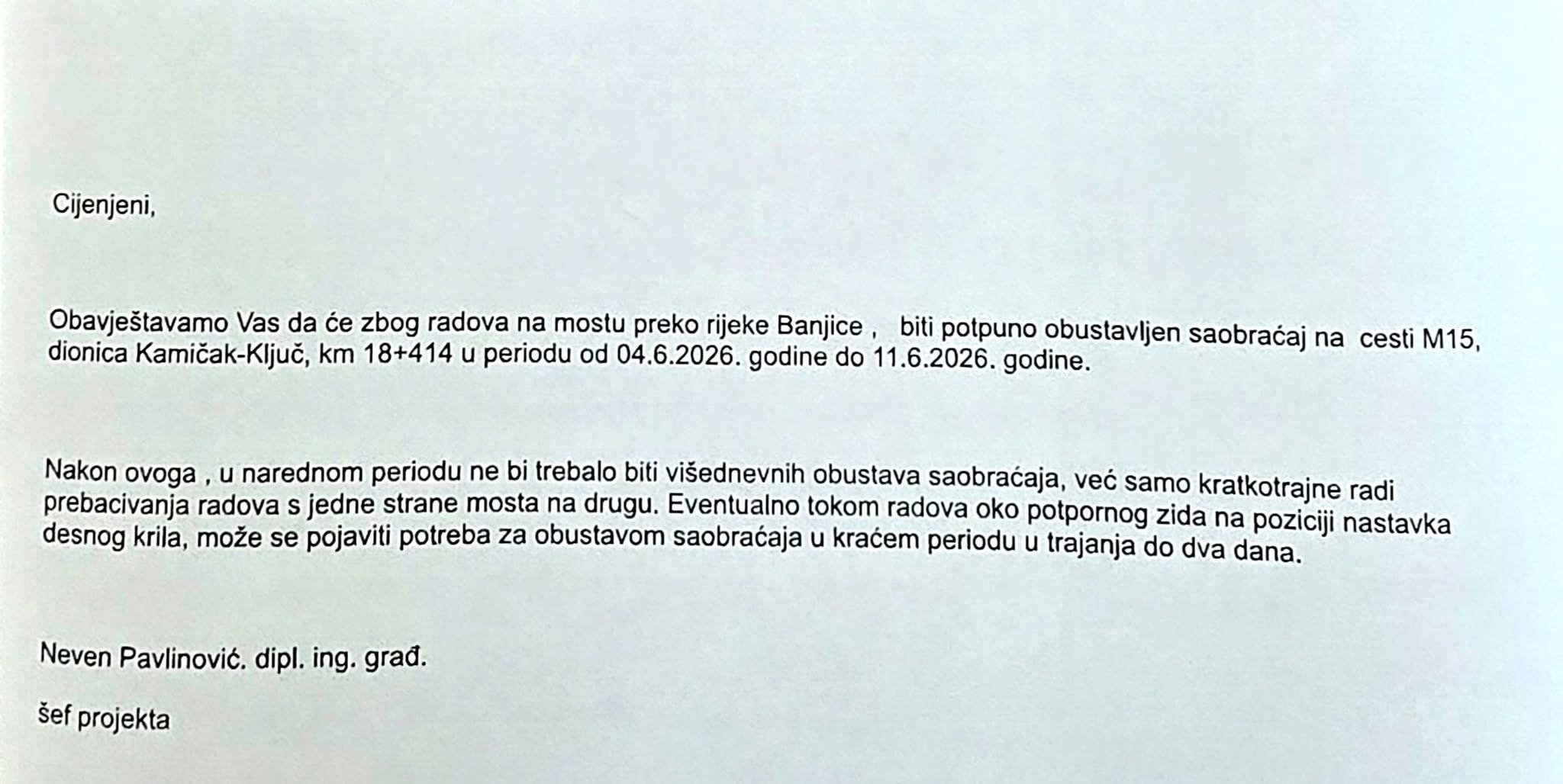 Potpuna obustava saobraćaja na M15: Dionica Kamičak – Ključ zatvorena do 11. juna