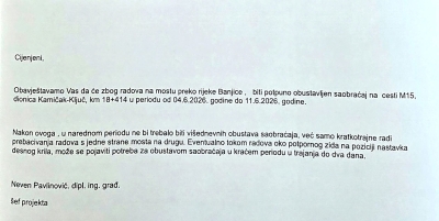 Potpuna obustava saobraćaja na M15: Dionica Kamičak – Ključ zatvorena do 11. juna