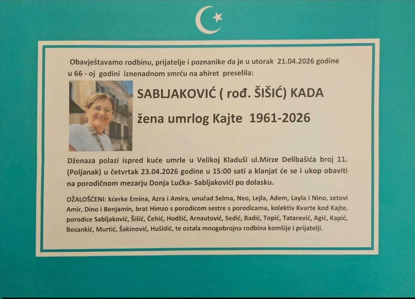Na Ahiret preselila SABLJAKOVIĆ (rođ. ŠIŠIĆ) KADA