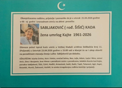 Na Ahiret preselila SABLJAKOVIĆ (rođ. ŠIŠIĆ) KADA