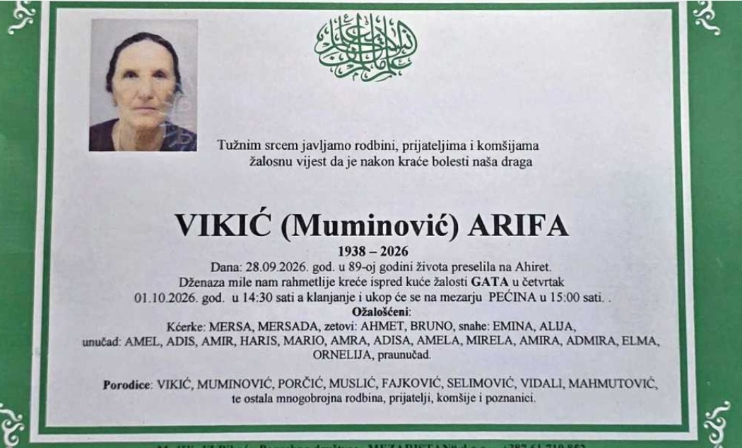 Na Ahiret preselio Vikić (Muminović) Arifa