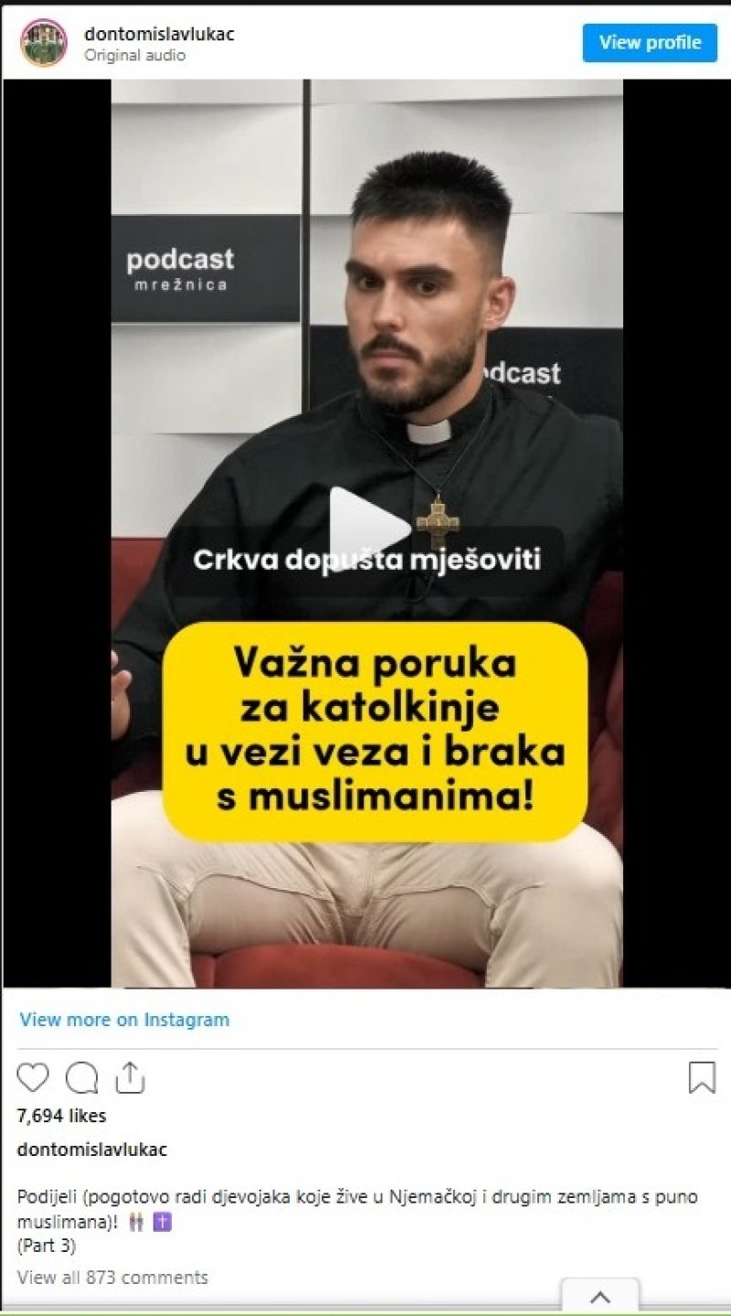 Mladi hrvatski svećenik upozorio katolkinje: 'Crkva dopušta brak sa muslimanom, ali pod jednim uvjetom'