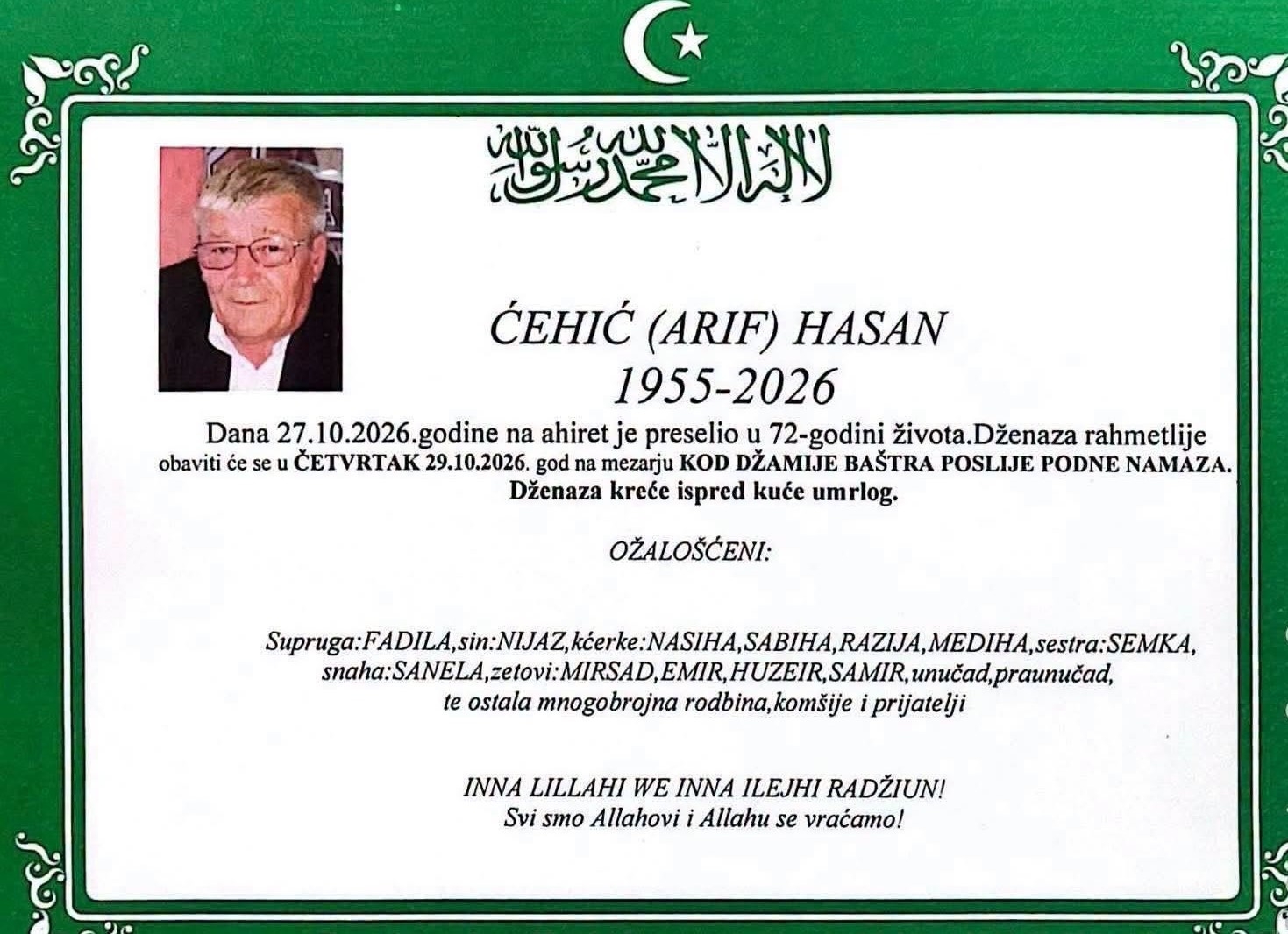 Na Ahiret preselio ĆEHIĆ (ARIF) HASAN